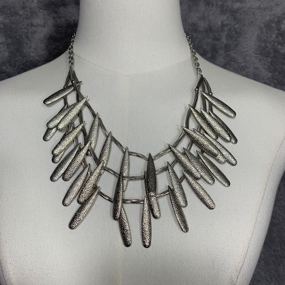 Statement Bib Necklace Silver Tone Multi-Layer Te… - image 1